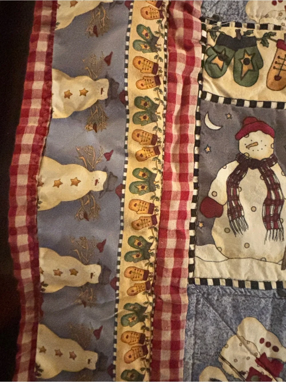 Cute Snowman Patchwork Quilt - Festive Red, Blue, Cream